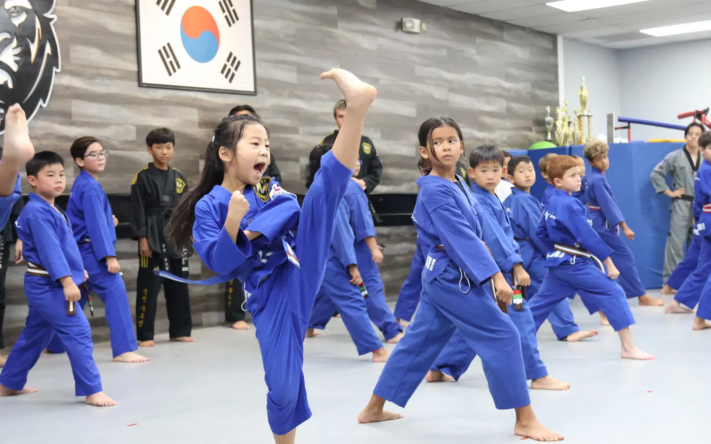 Students training on the mat
